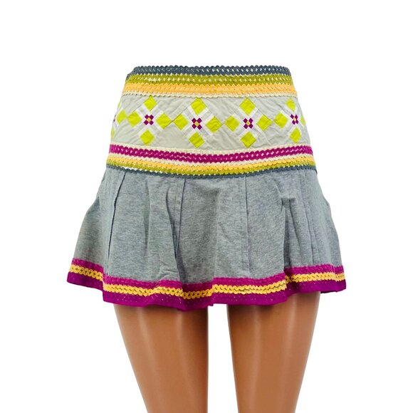 Y2K RARE Free People Boho Pleated Embroidered A-Line Mini Skirt • Skater Indie 6 - Picture 2 of 16